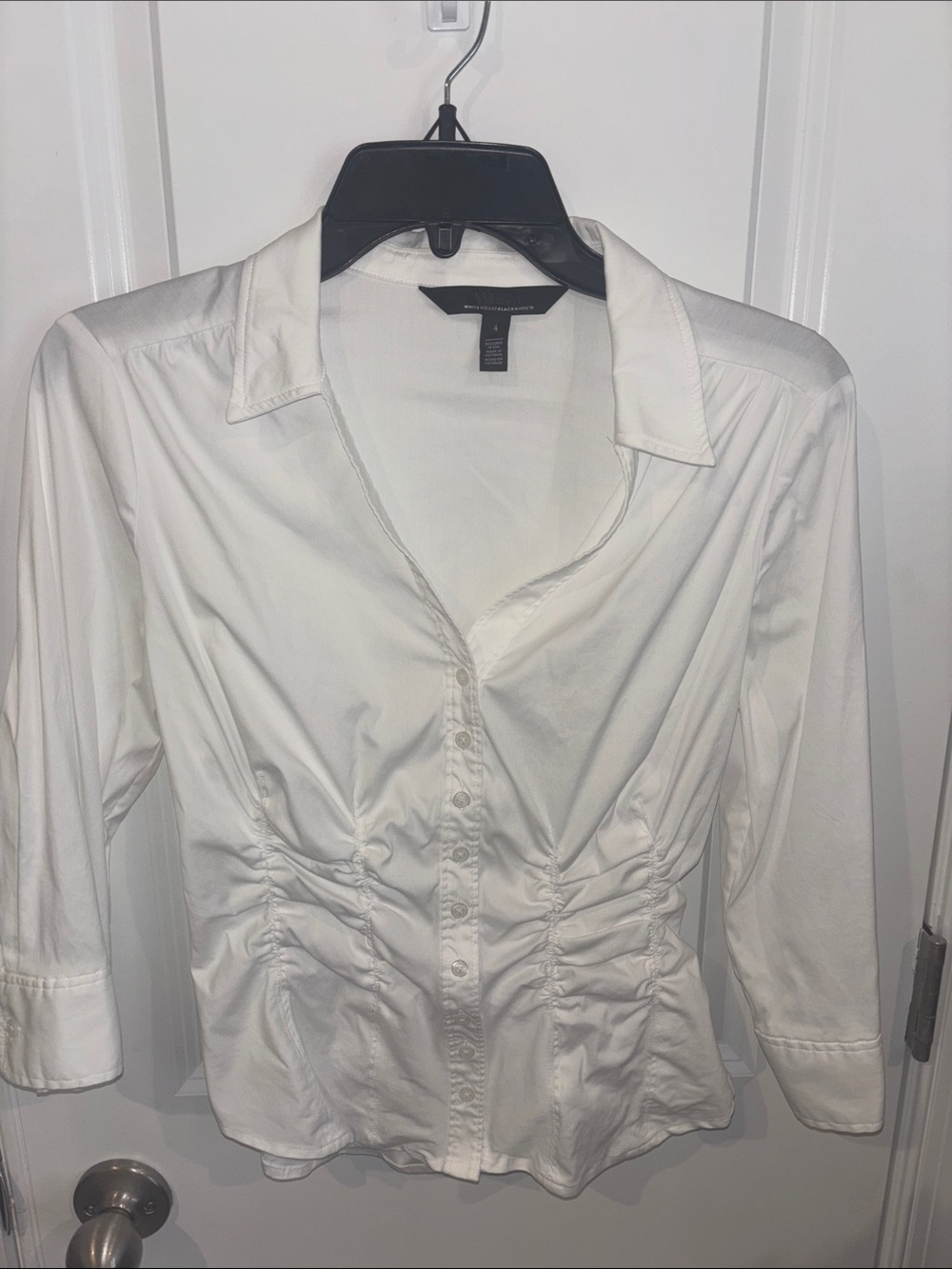 White House Black Market White Ruched-Waist Button Down Shirt